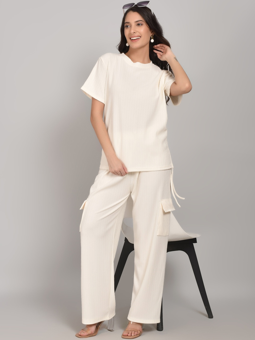 Lugo Women Solid Cream Cotton T-shirt and Trousers Co-ord Set