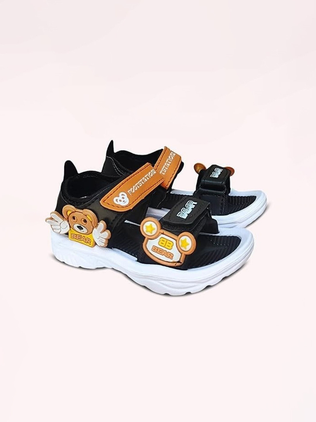 FootStation Boys Black & White Canvas With LED Velcro Comfort Sandals