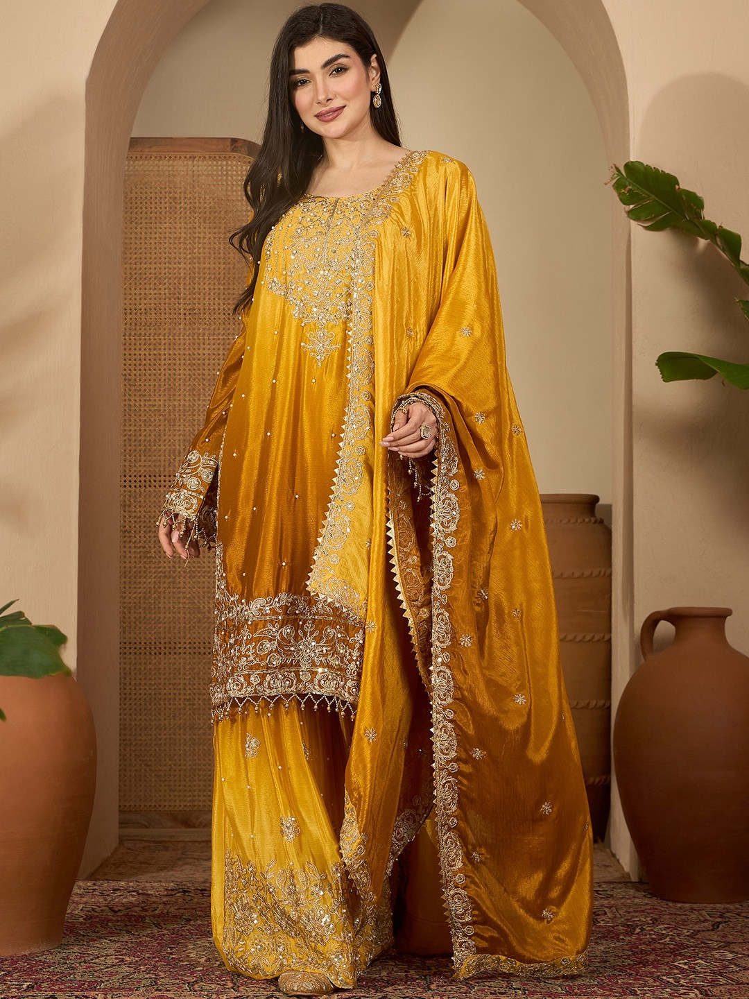 Mustard Chinon Silk Embroidery Work Kurta With Sharara And Dupatta