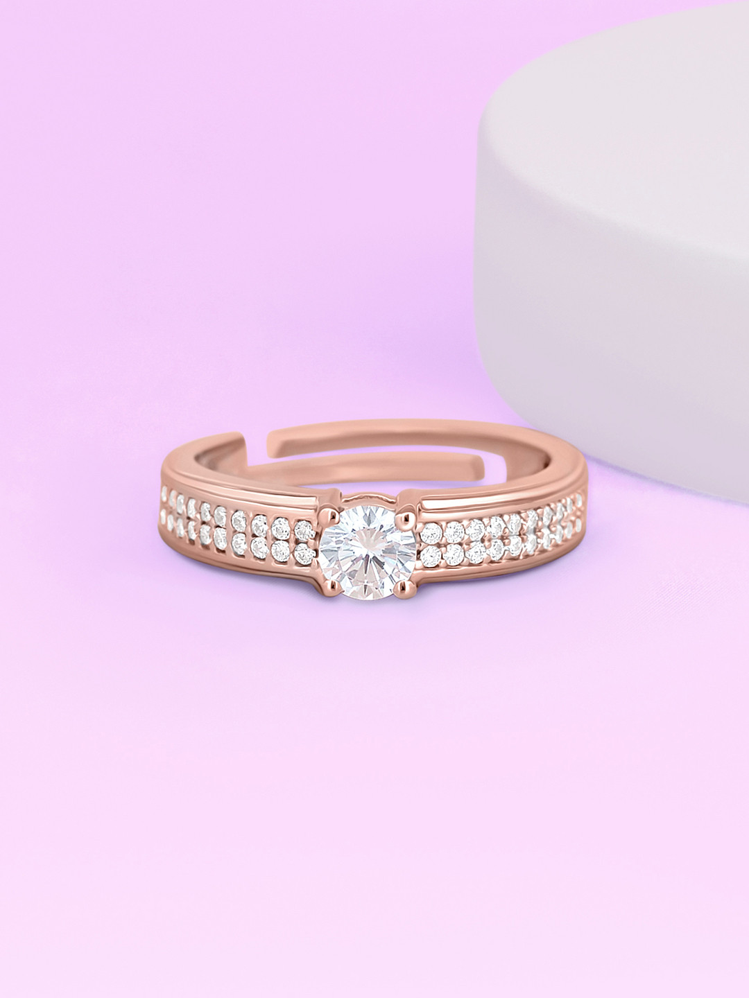 Ornate Jewels 925 Silver Rose Gold Plated 1 Carat AD Studded Adjustable Finger Ring