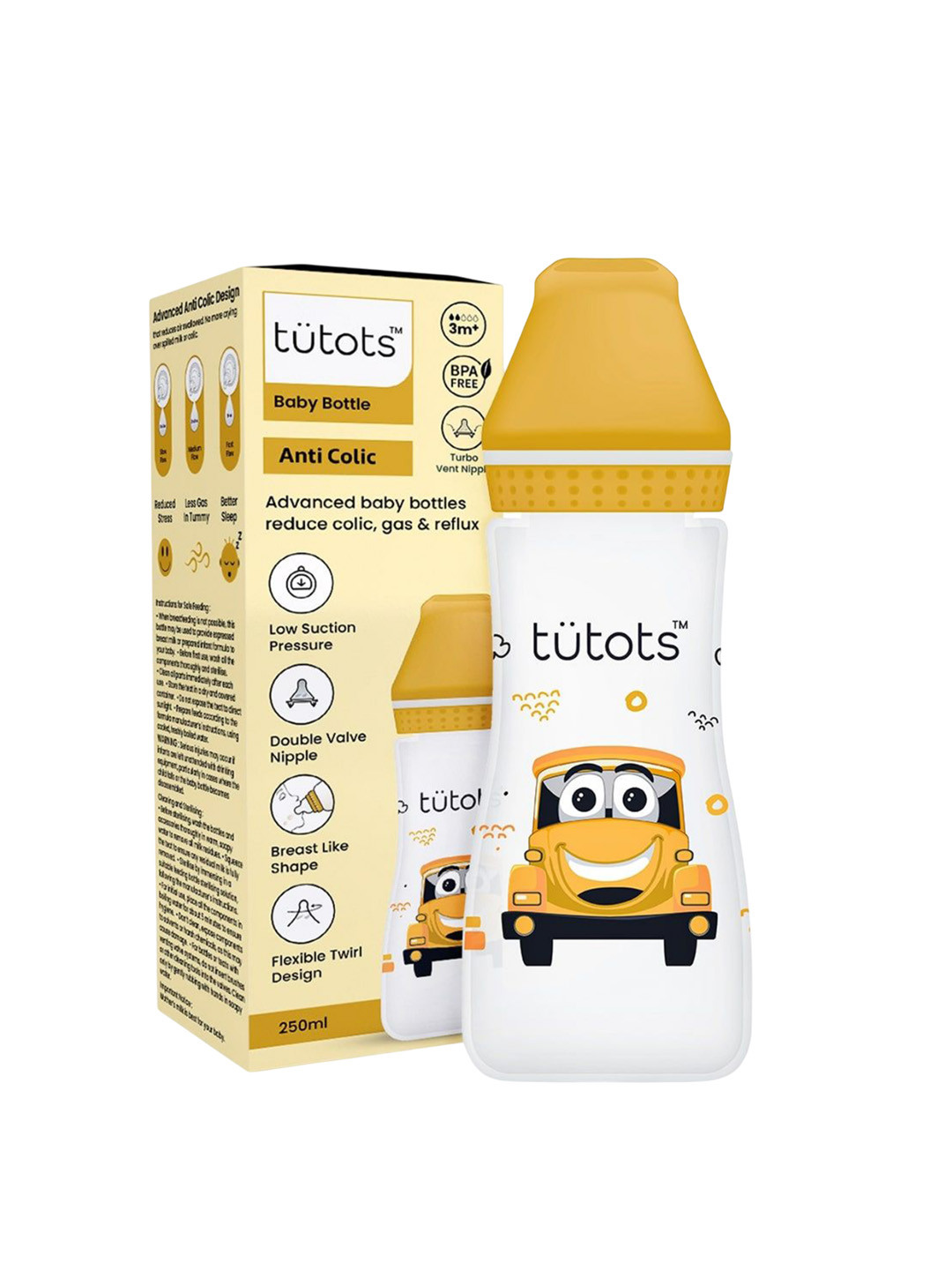 Tutots Kids Yellow & White Printed Feeding Bottle - 250 ml