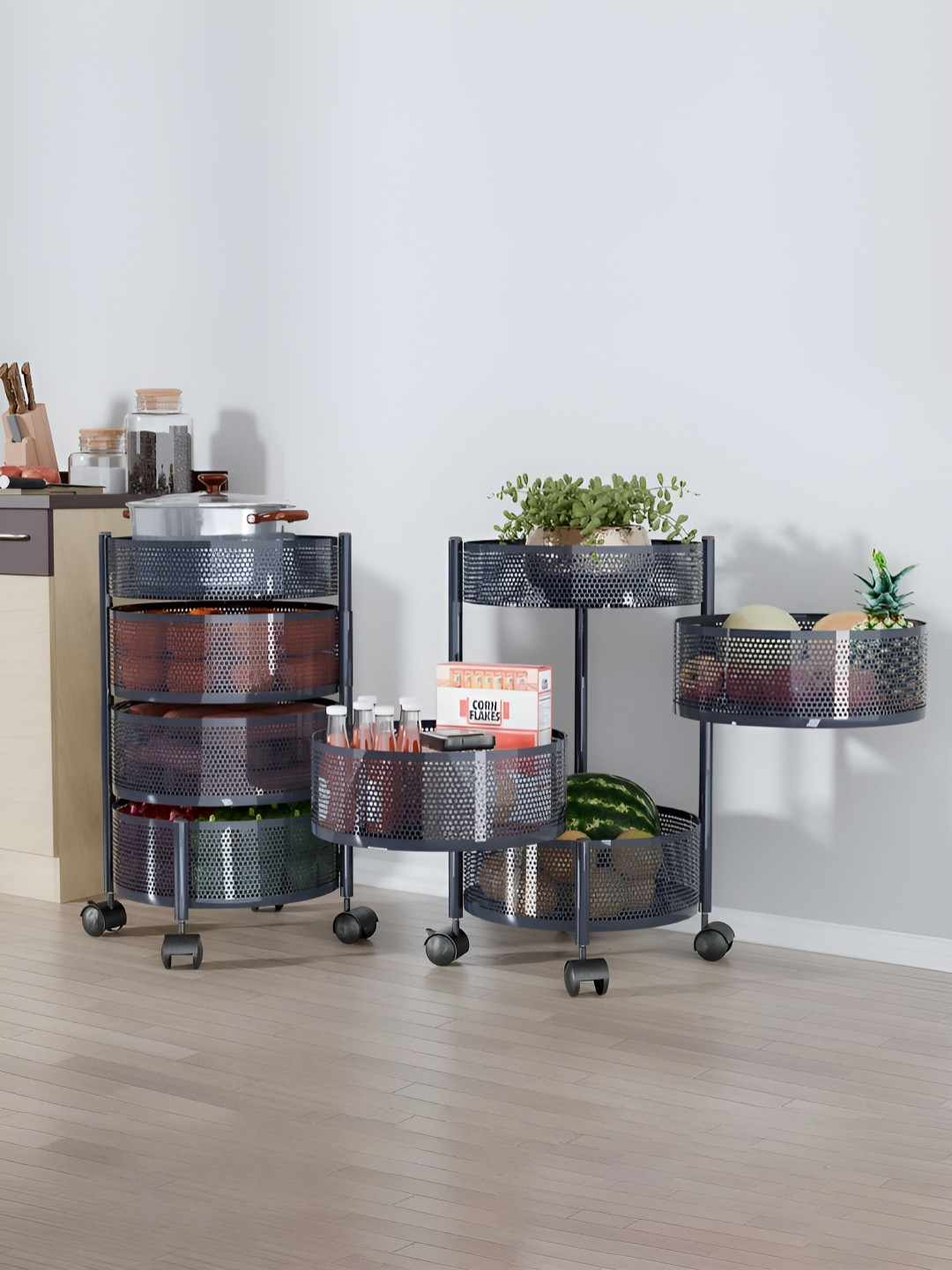 RUBOXA Dark Grey Pack of 2 Solid Round Storage Rack with Wheels