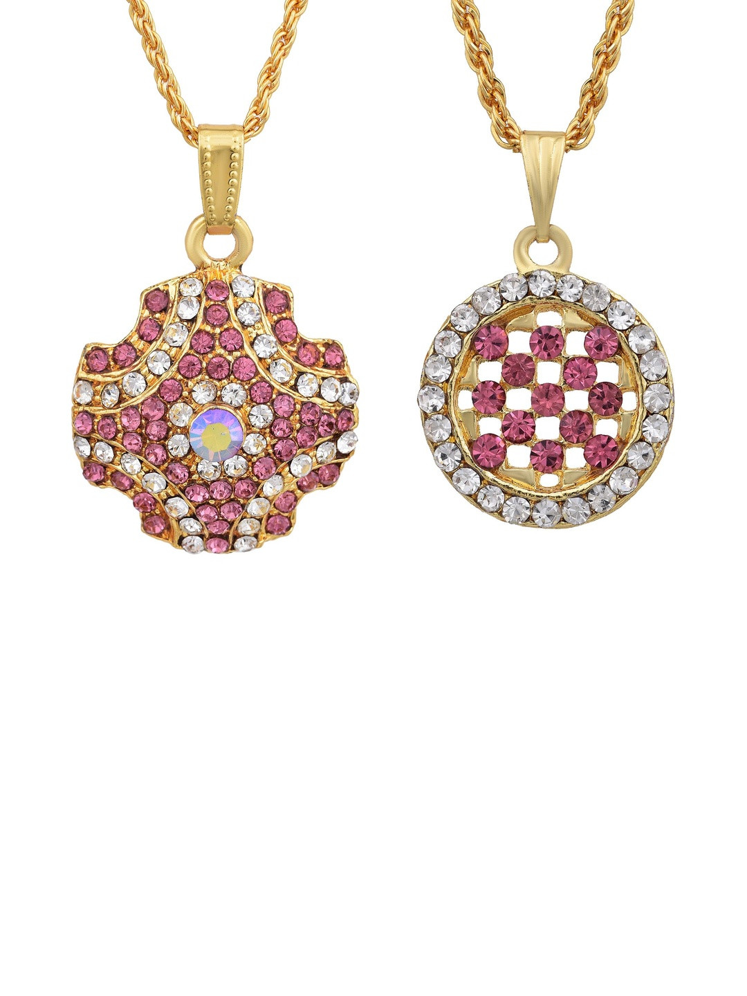 Gold plated SET of 2 Pinkish Red Colour and White CZ Fashion chain pendant