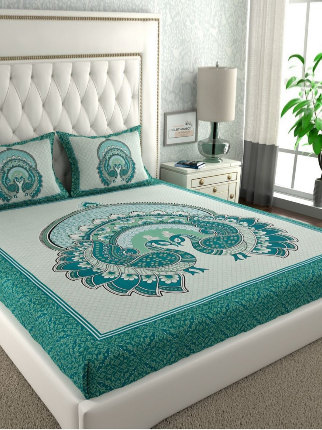 Lali Prints Sea Green & Green Printed Cotton 180 TC Queen Bedsheet Set 2.28 m x 2.54 m