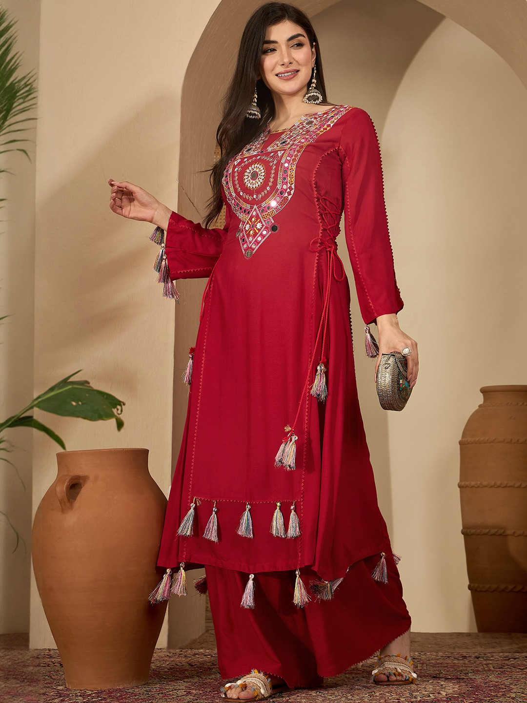 Pink Women's Soft Rayon Embroidered Co-Ords Set