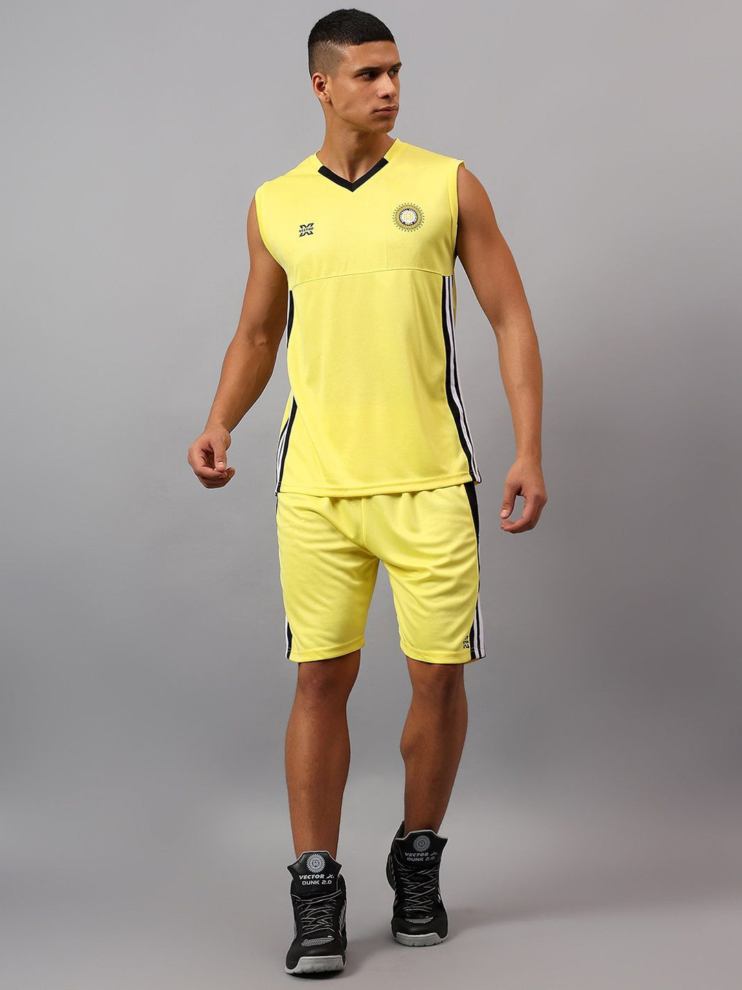 VECTOR X Men Yellow Co-ords Sleeveless Polyester Sports T-shirt & Shorts Set