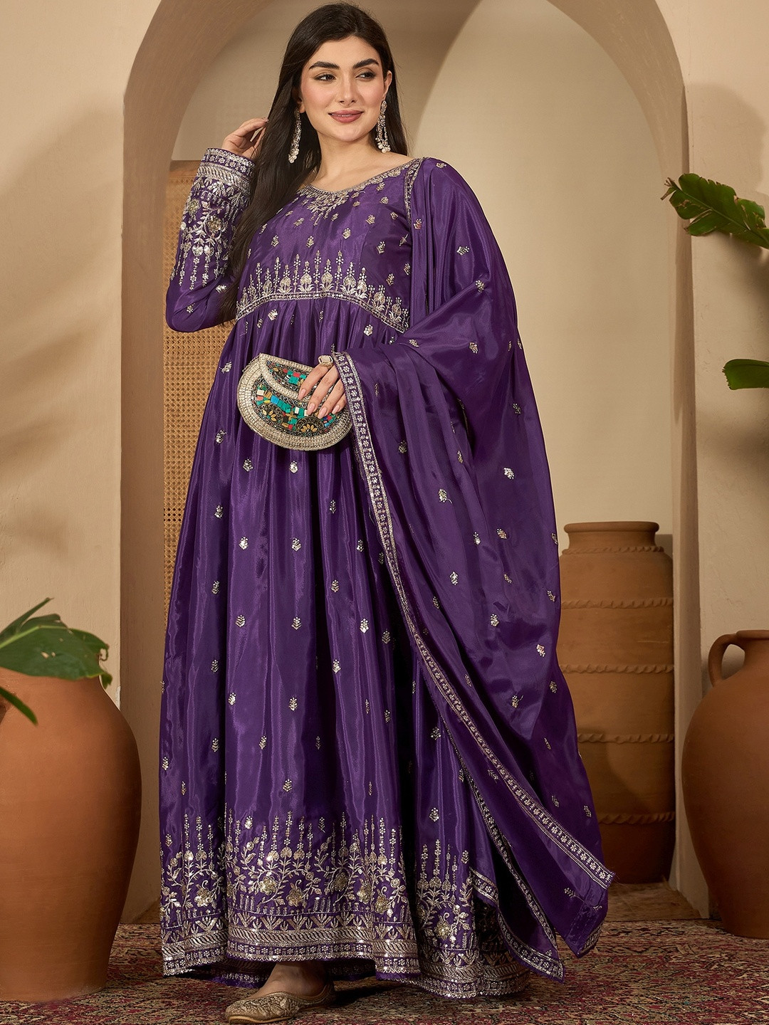 Purple American Silk Thread & Sequence Work Anarkali Kurta with Trouser And Dupatta