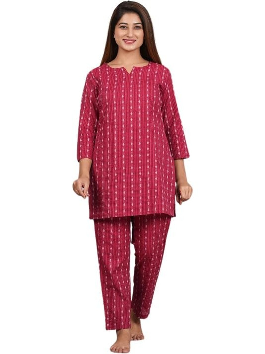 PUSHPRAJ FASHION Women Cotton Round Neck Three-Quarter Sleeves Regular Fit Printed Kurta Set (Maroon -2XL)