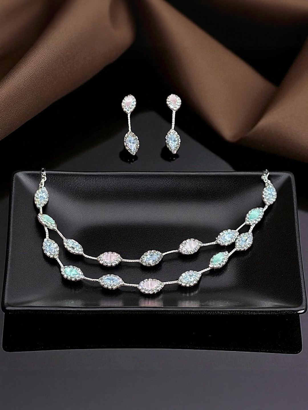 Manvini Women Baby Pink & Turquoise Tear Drop Pastel Stone Necklace & Earring Set