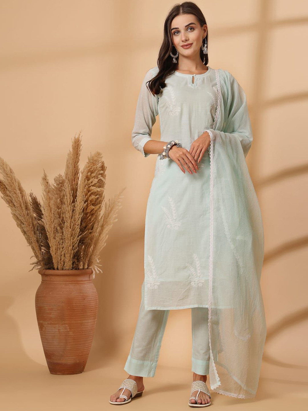 TERHA TAALI Floral Printed Regular Sequinned Pure Cotton Kurta With Trousers & Dupatta