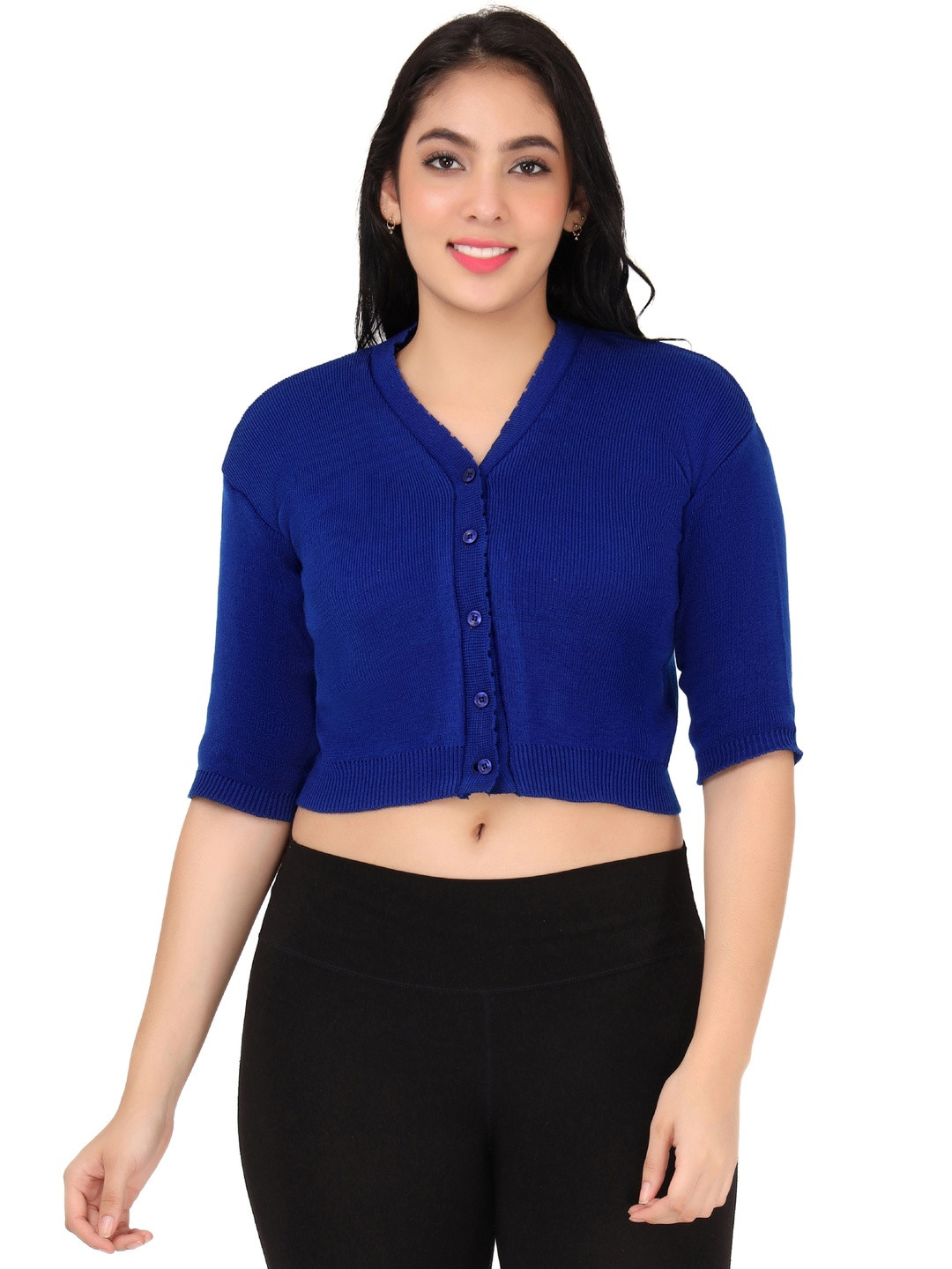 FEMULA Women V-Neck Front Open Woollen Crop Top