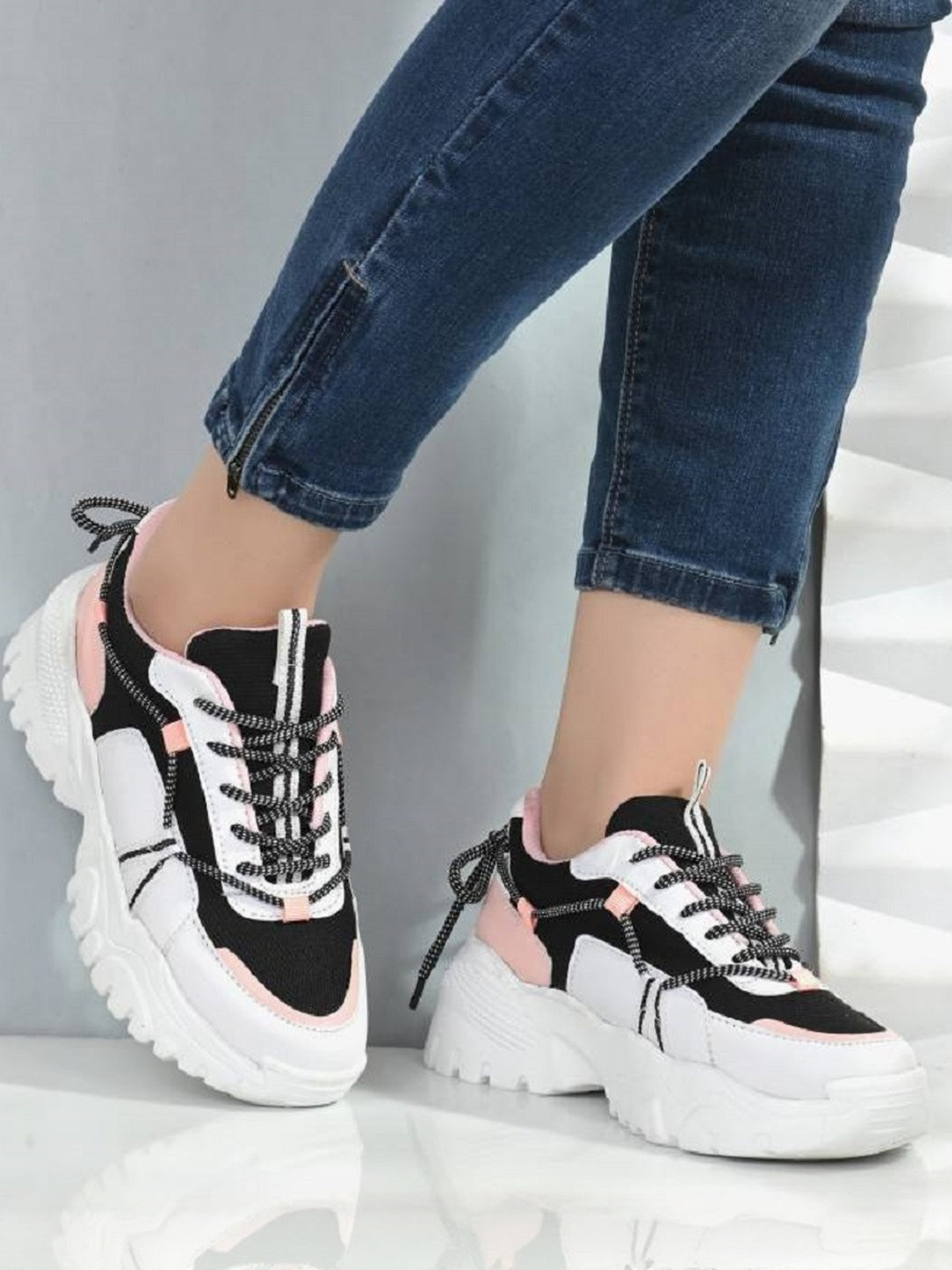 Shozie Girls Black & White Colourblocked Sneakers with Pink Accents