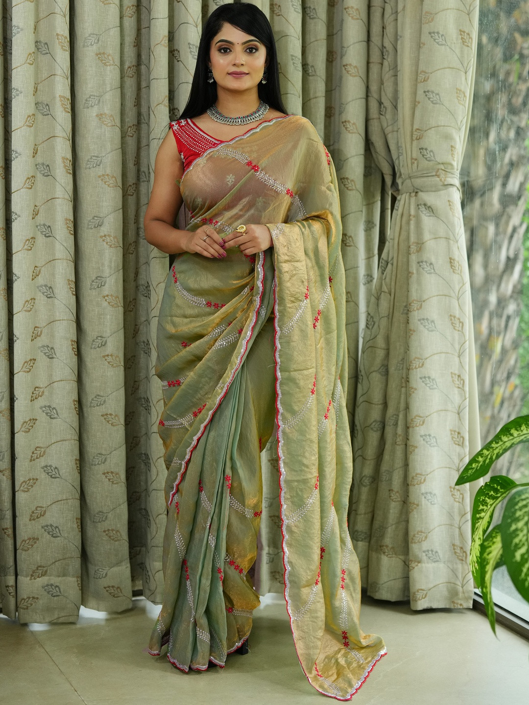 Tissue Leheriya Thread And Sequence Work Saree