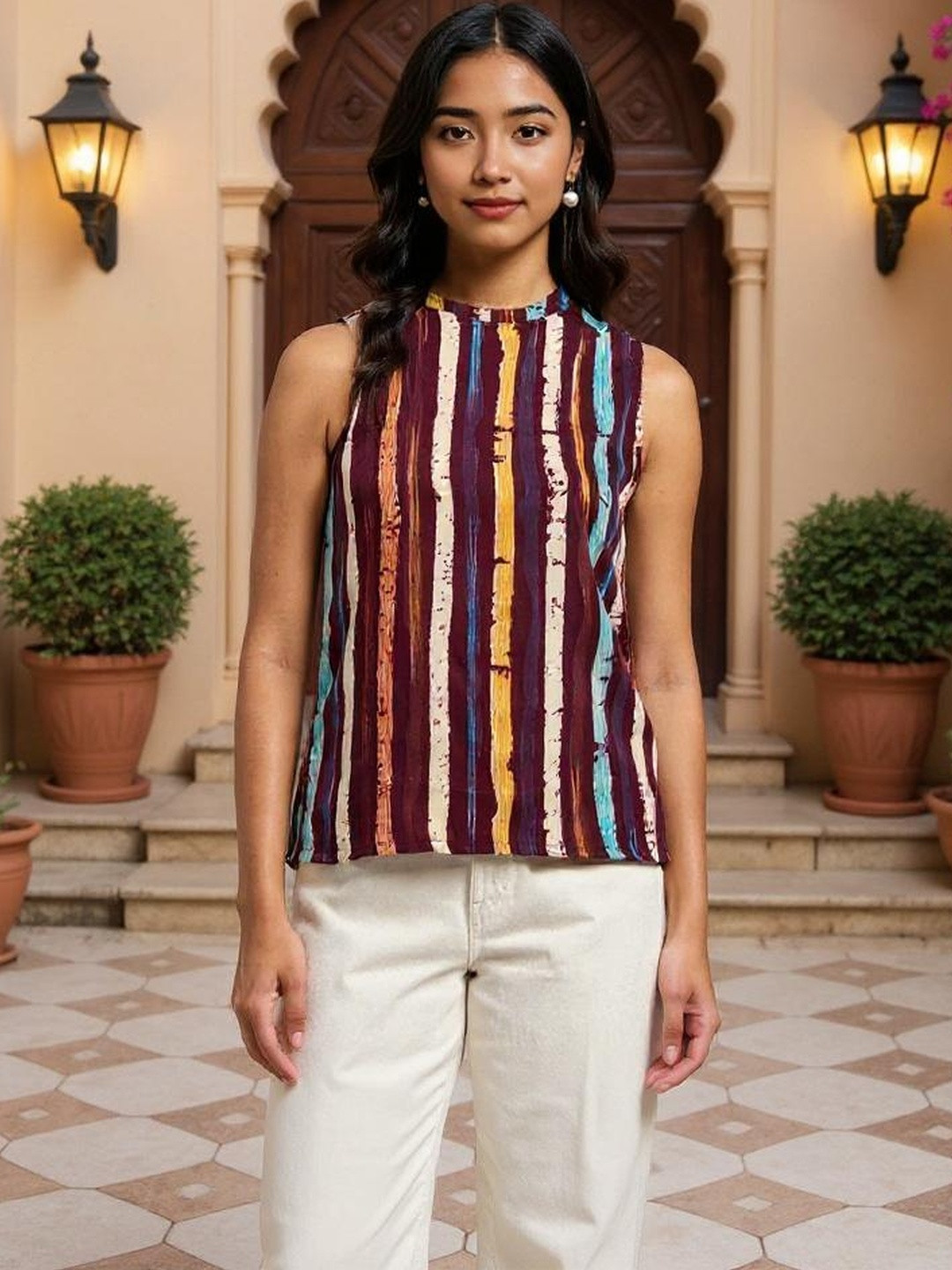 SZN Women Multicolour Sleeveless Vertical Stripe Print High Neck Top