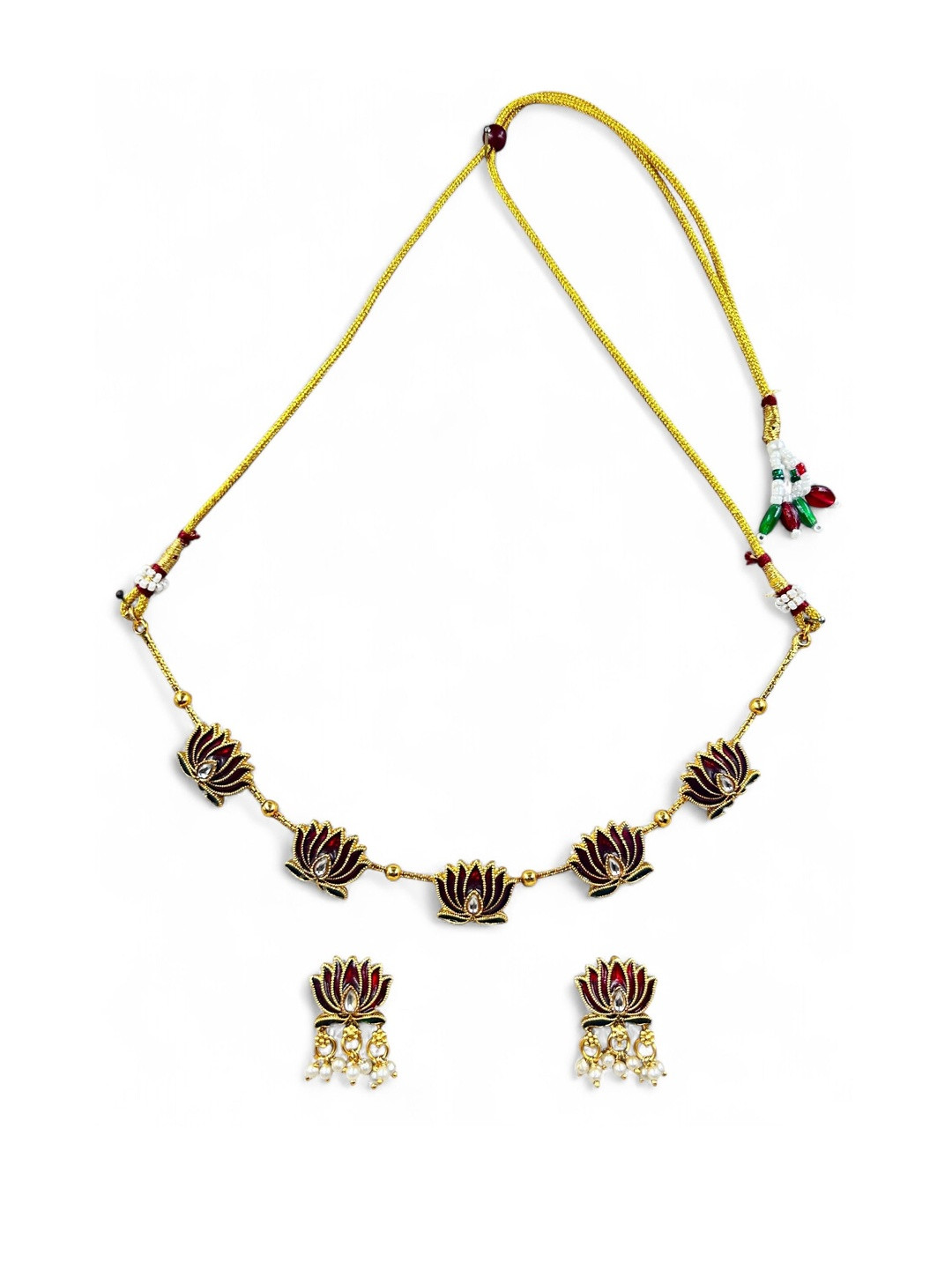 ANTIQUE JEWELLERY Women Gold-Plated Minakari Lotus Necklace with Earrings