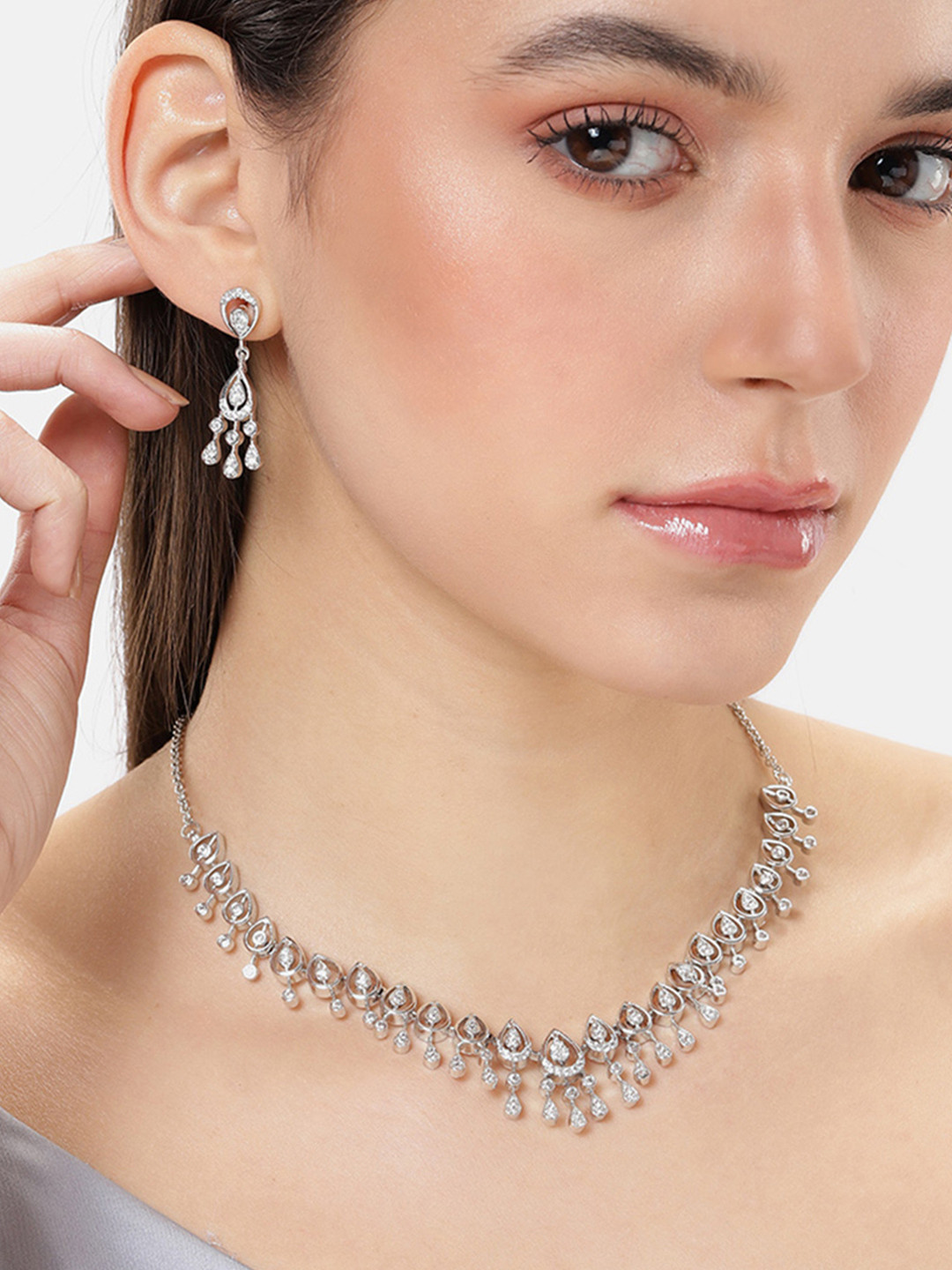 Estele Rhodium Plated CZ Studded Teardrop Shaped Necklace & Earring Jewelry Set