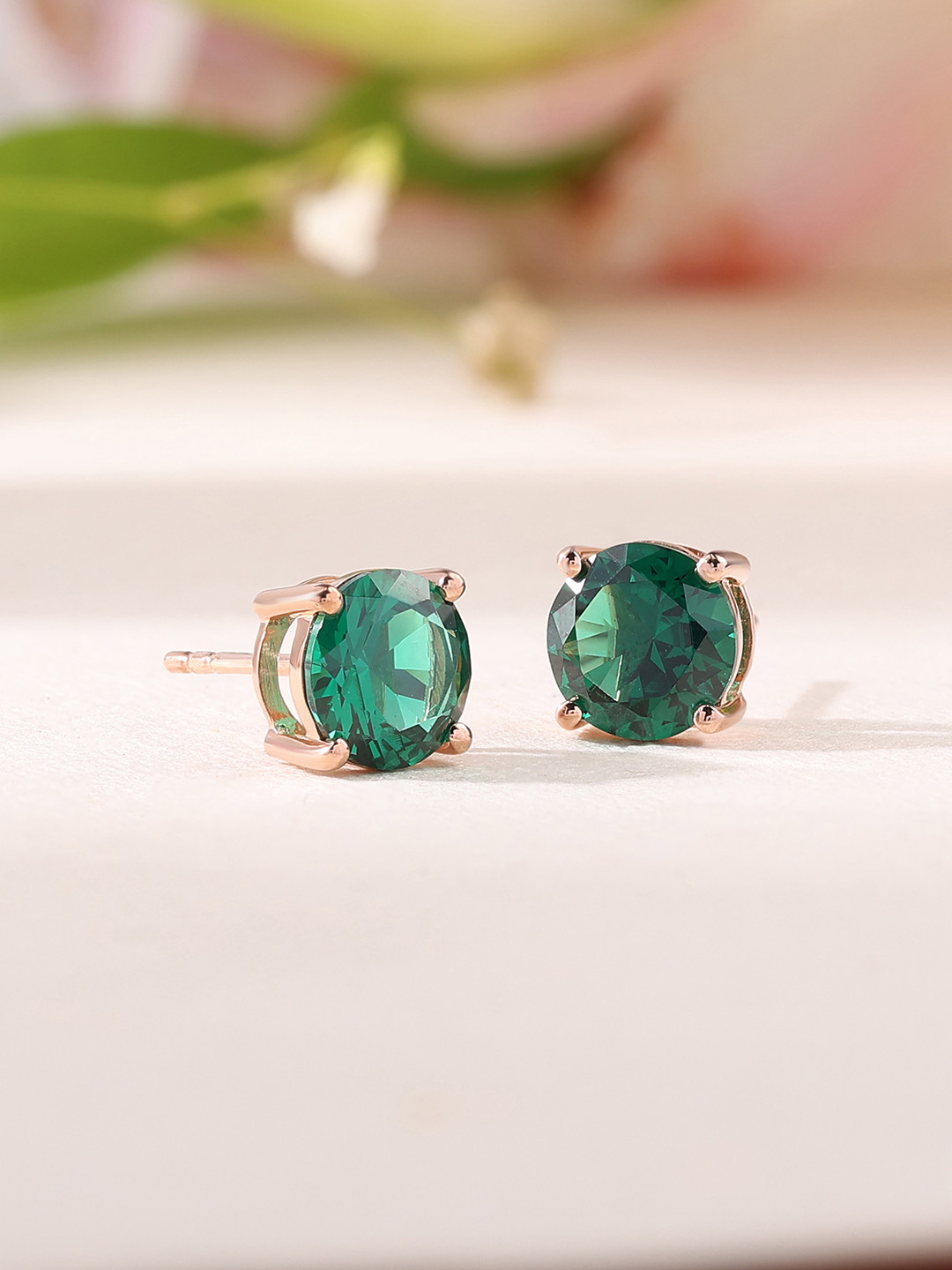 Ornate Jewels 925 Sterling Silver 2 Carat Rose Gold-Plated AD & Emerald Studs