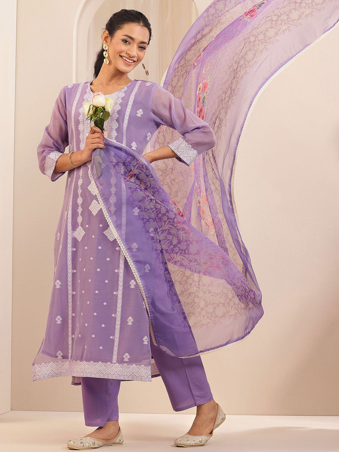 Libas Women Woven Design Embroidered Kurta with Trousers & Dupatta