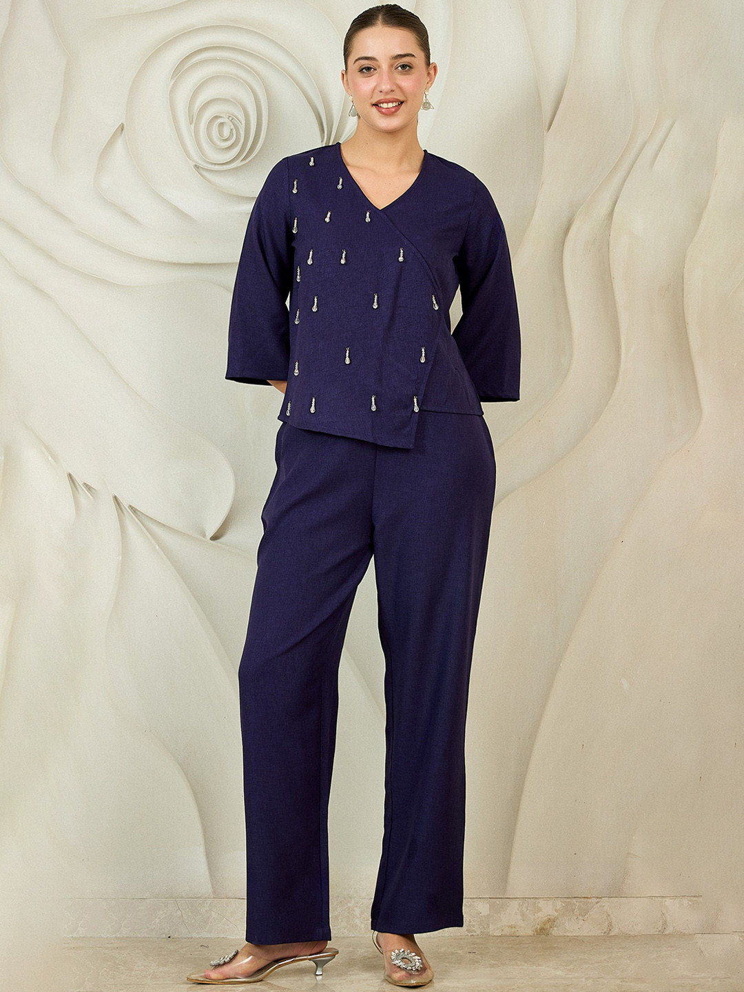 Shally Bhasin by Athena Women Purple Linen Embellished Top & Trousers Co-Ord Set