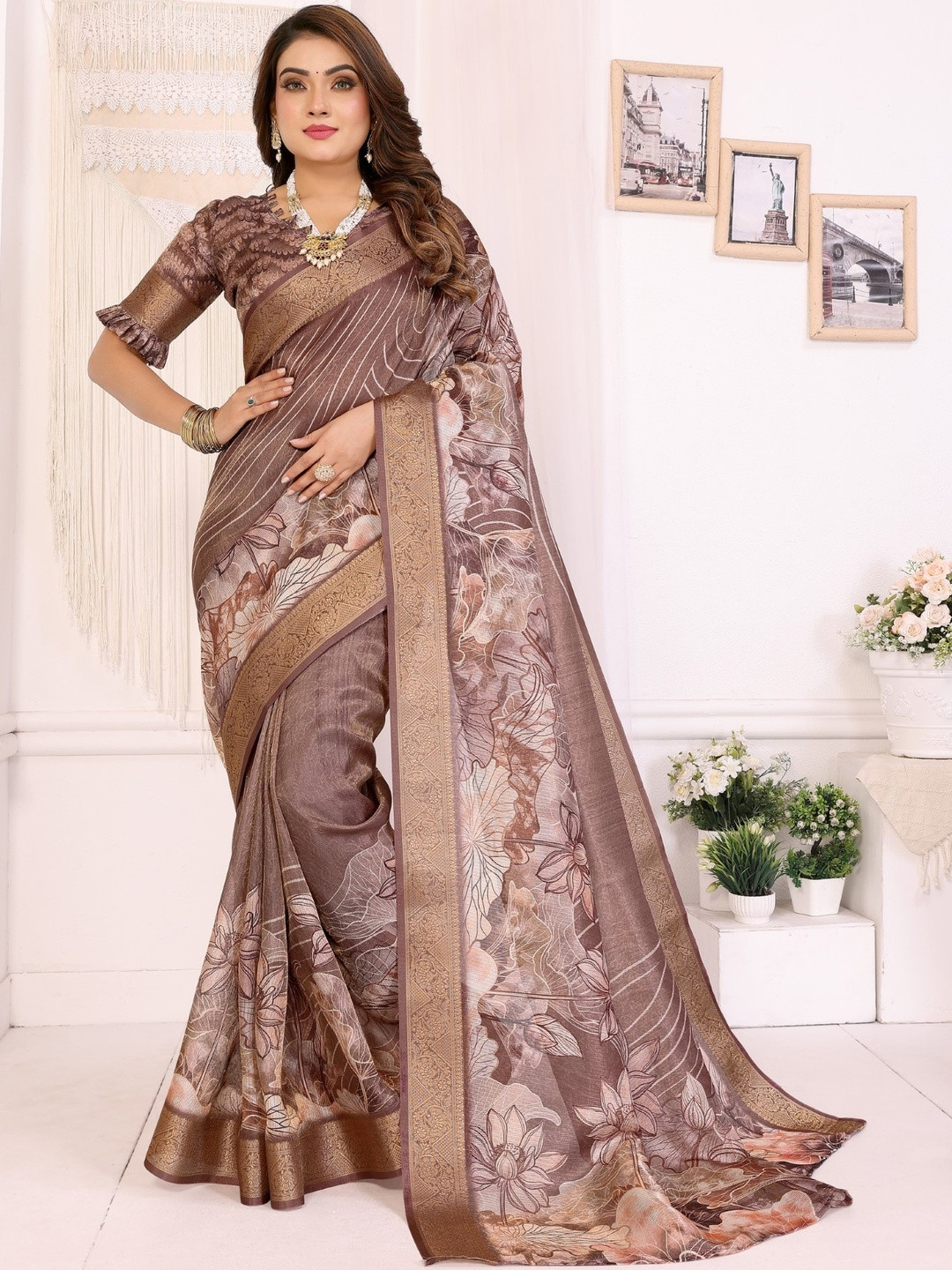 Brown Mulberry Silk Digital Printed Saree With Contrast Blouse Piece