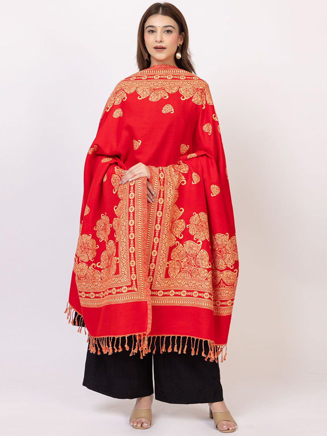 VASABA Floral Embroidered Acrylic Shawl