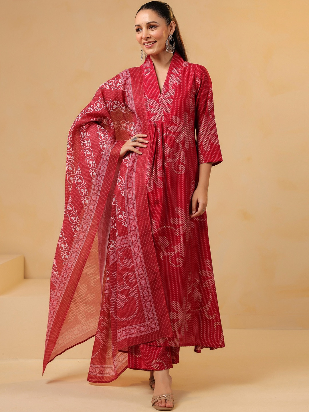 Aaghnya Women's Red Rayon Blend Printed A-Line Kurta Set With Dupatta