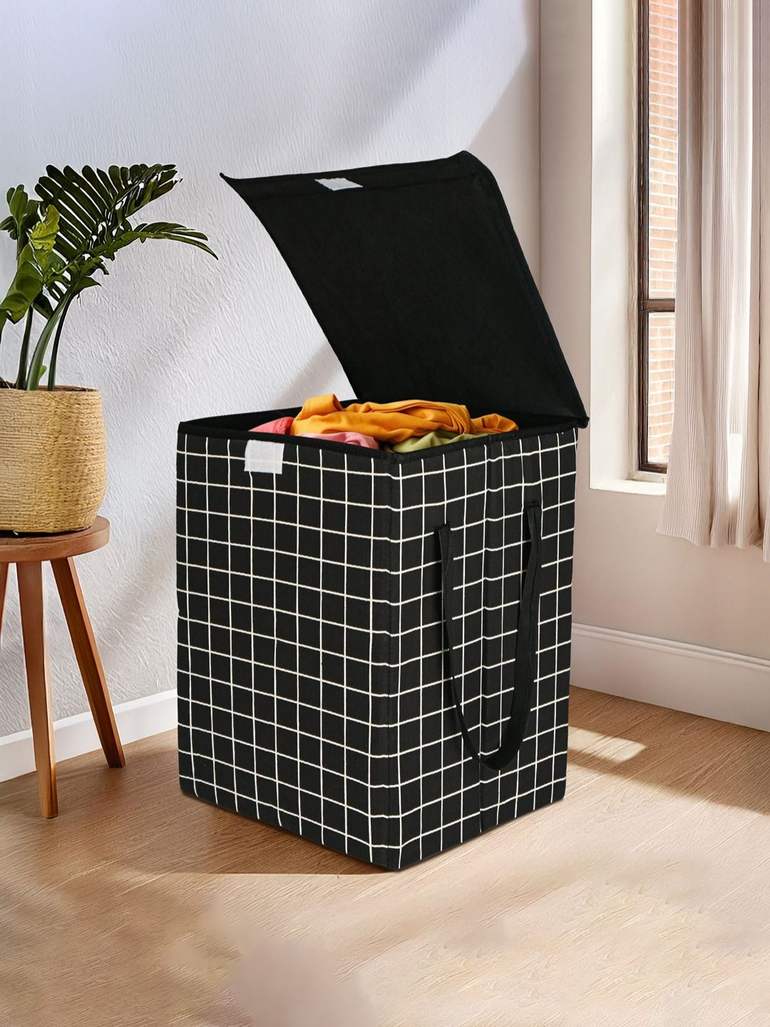 RUBOXA Black Checked Print Foldable Laundry Basket With Lid