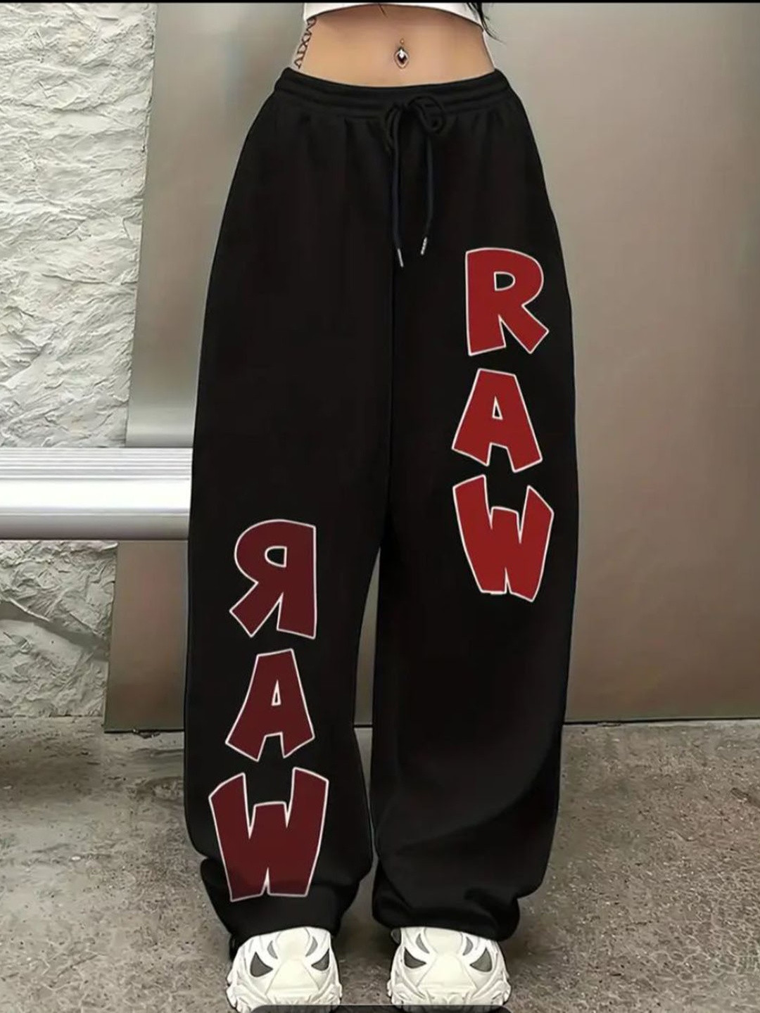 LUGRANTHA Women Black RAW Print Streetwear Joggers