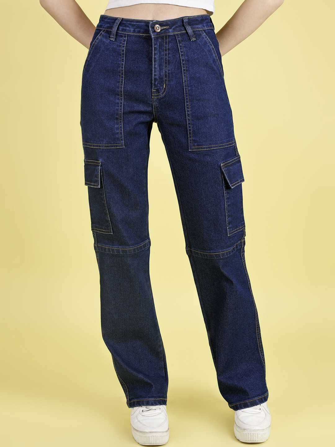 STEPLE DENIMS Women Blue High-Rise Baggy Fit Cotton Cargo Jeans