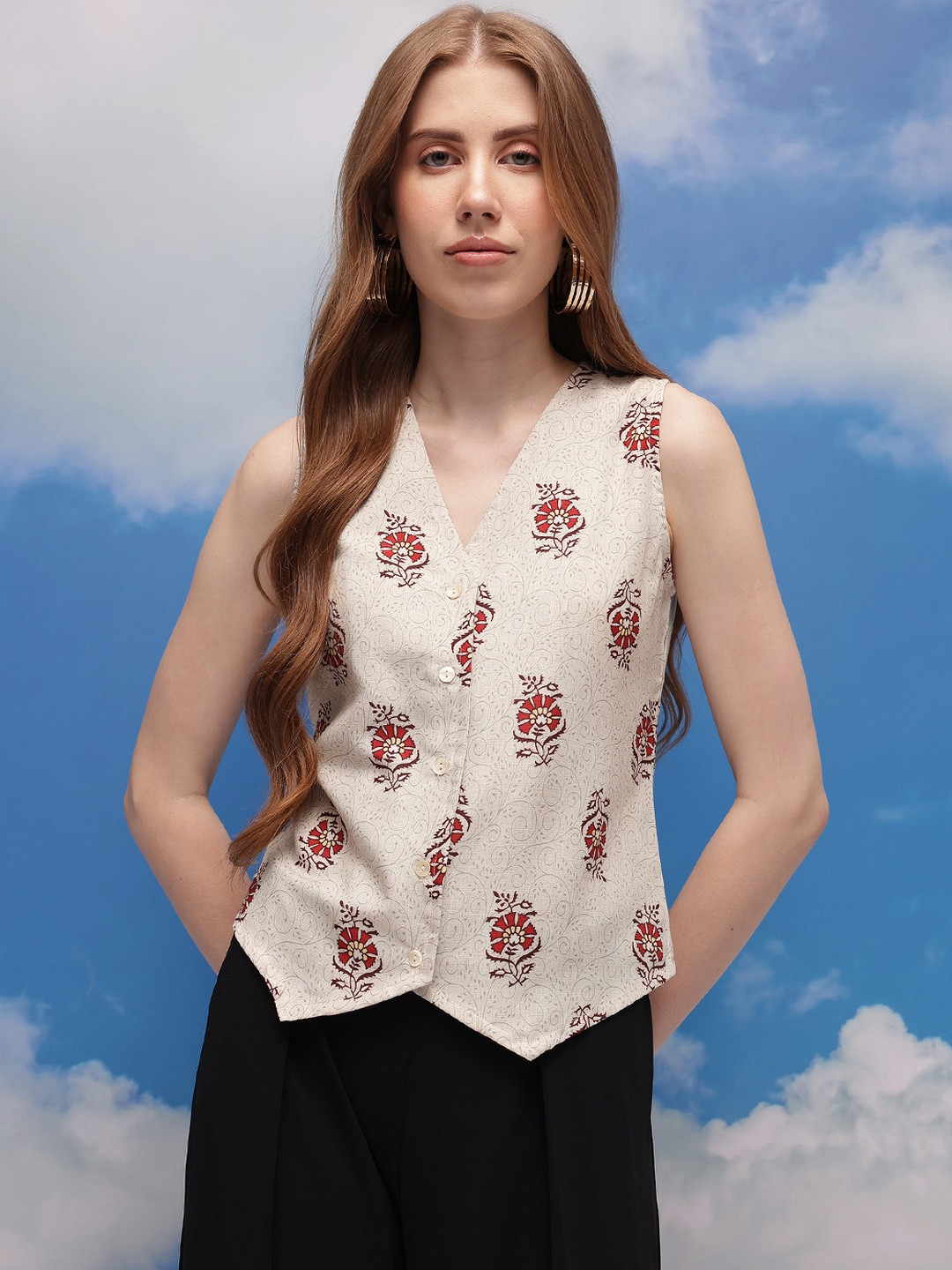 CORSICA Women Floral Printed Waist Coat Style Top