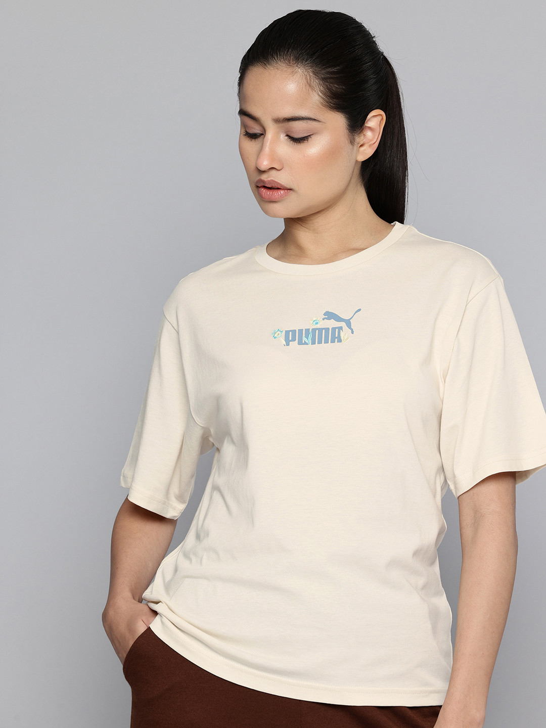 Puma Essentials Nature 2.0 Brand Logo Printed Drop-Shoulder Pure Cotton Relaxed T-shirt