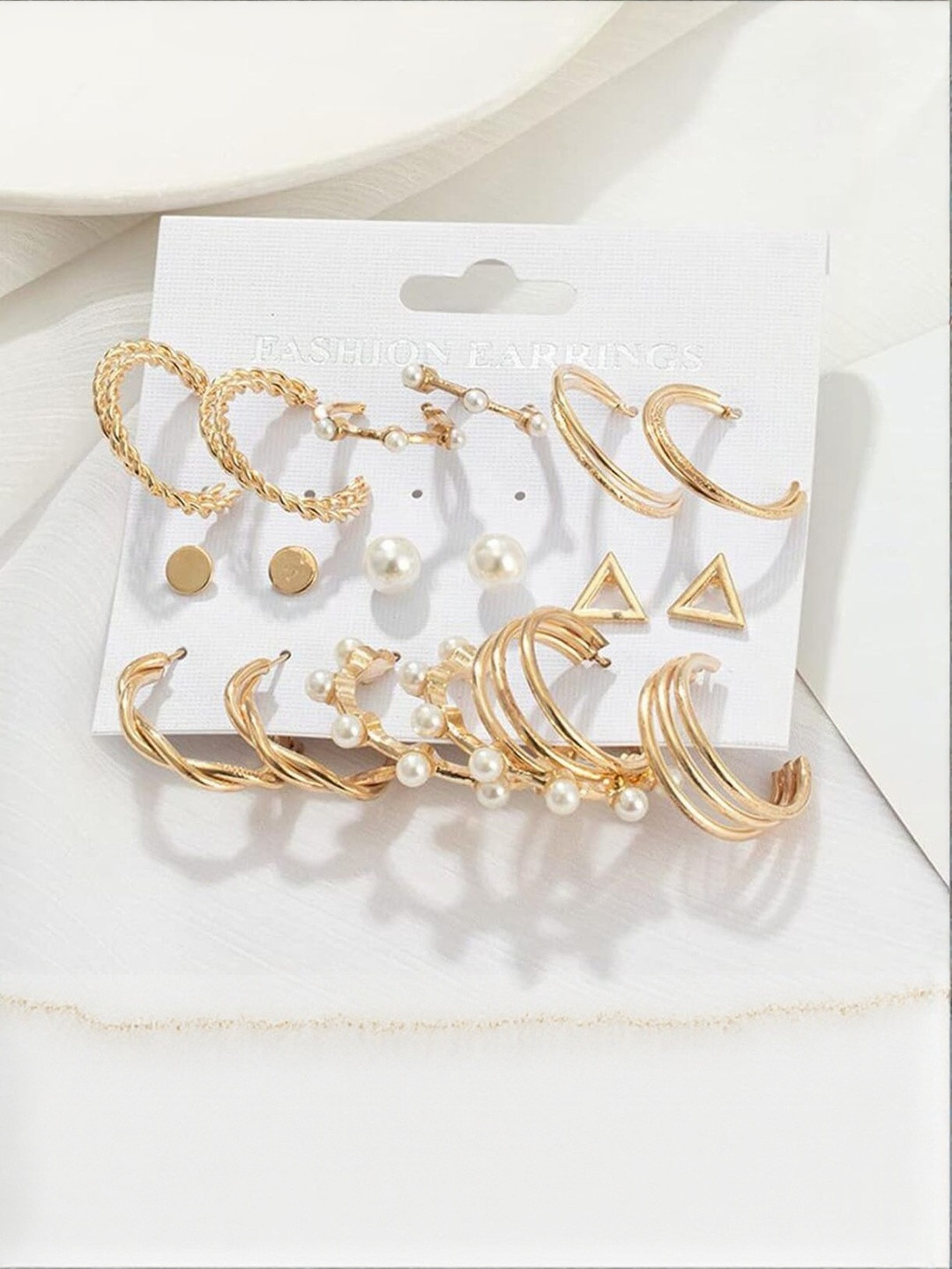 DressBerry 9 Pairs Gold Plated Pearls Studded Half Hoop Earrings