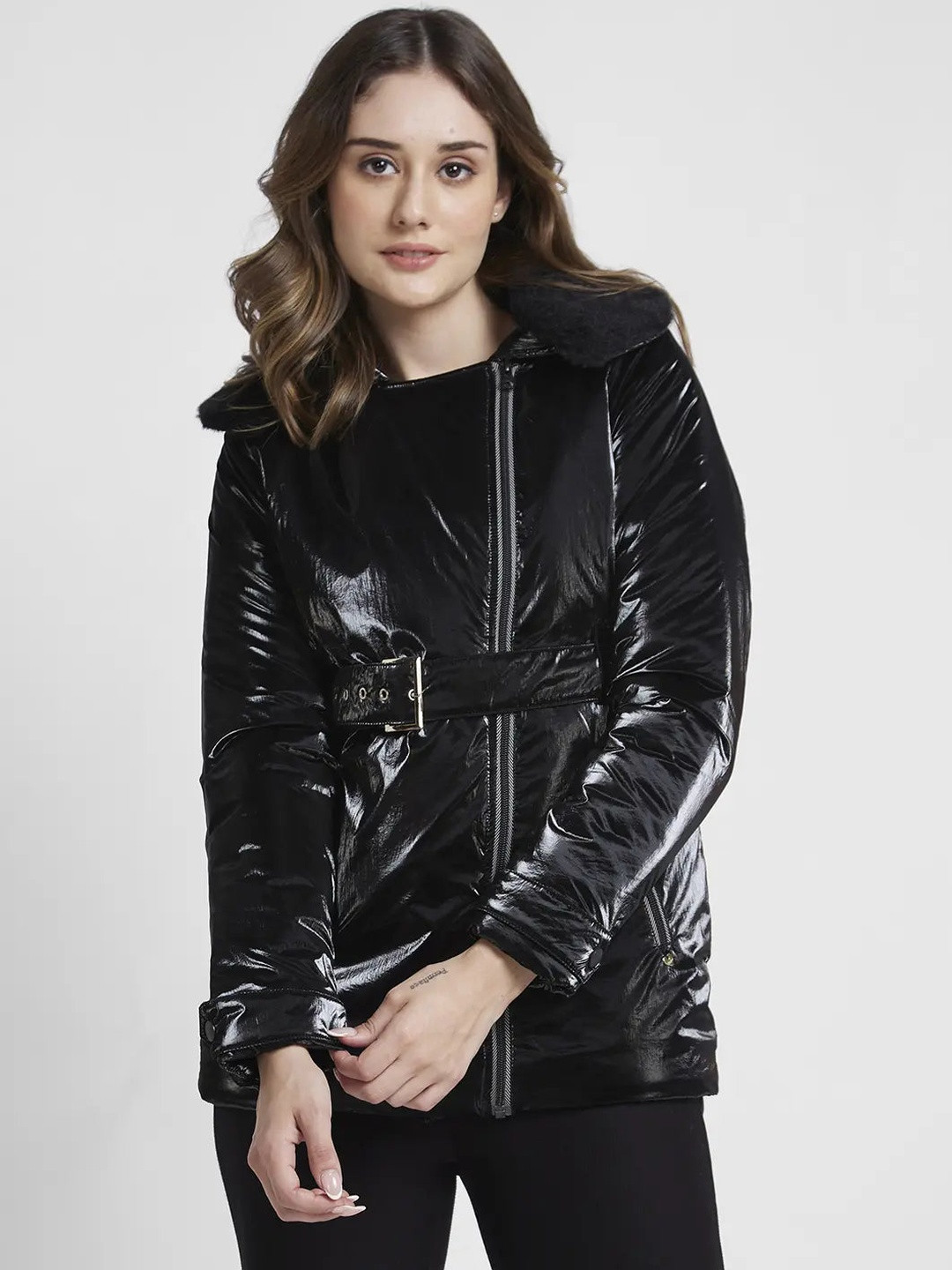 SPYKAR Women Regular Fit Crush Glossy  Belted Jacket