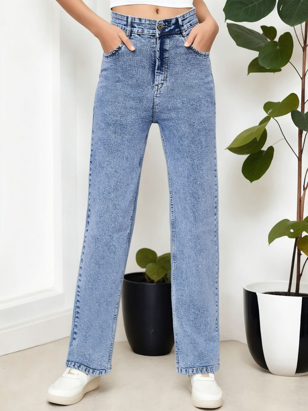 The Rivvrs co Women Straight Fit High-Rise Heavy Fade Cotton Jeans