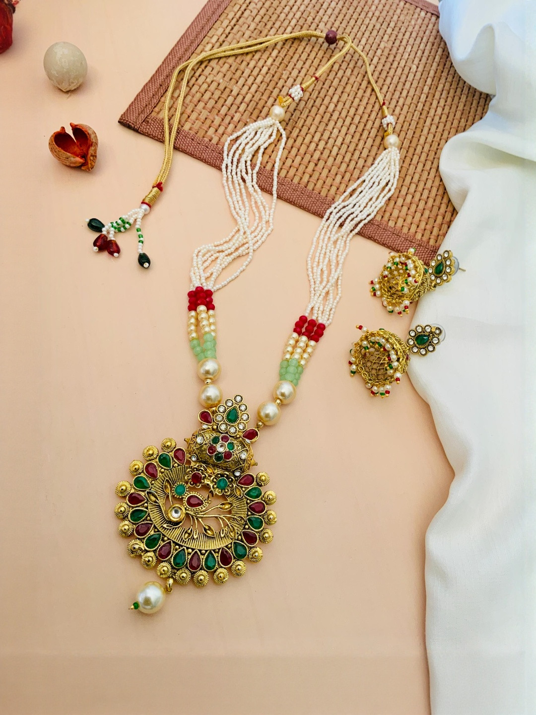 Elegant Women Brass Gold Plated Multicolor Long Necklace Set