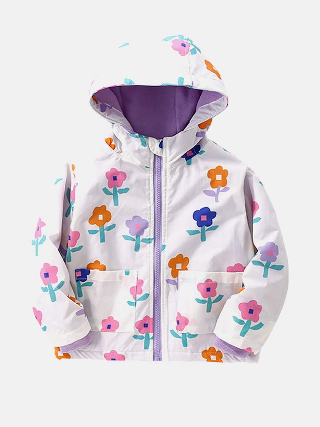 YK Kids Girls White Floral Printed Jacket