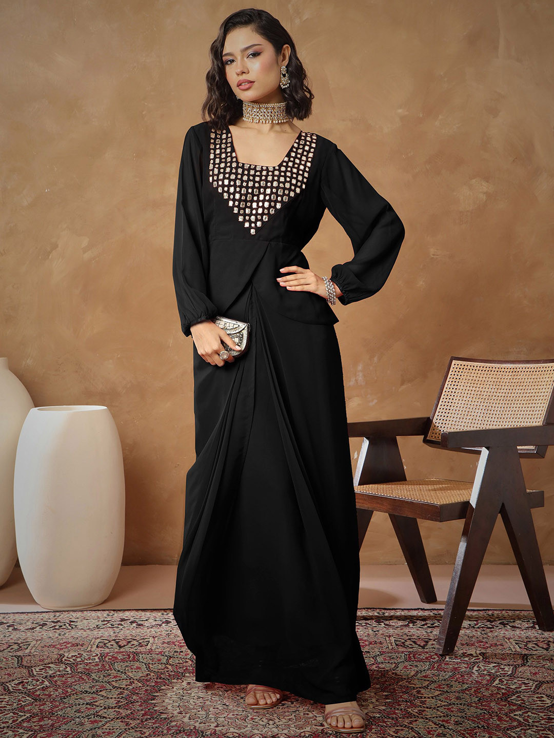 Shae by SASSAFRAS Black Embroidered Square Neck Top With Drape Skirt