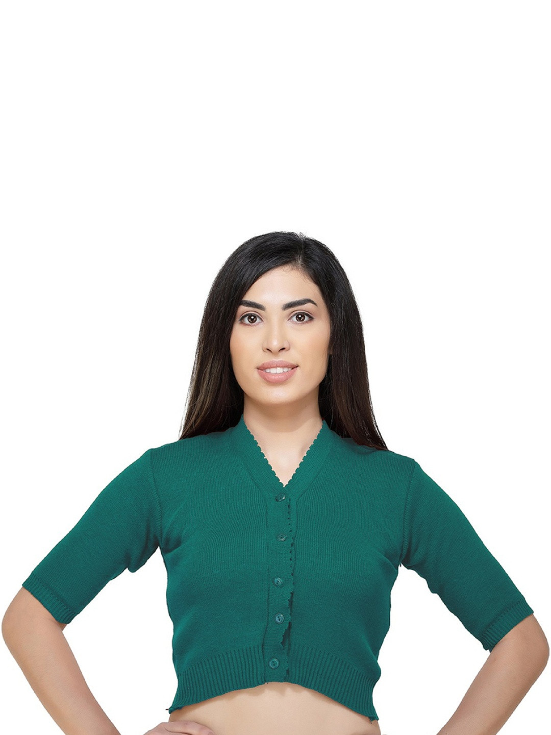 FEMULA Women Turquoise Green V Neck Half Sleeves Regular Fit Woollen Winter Blouse Top