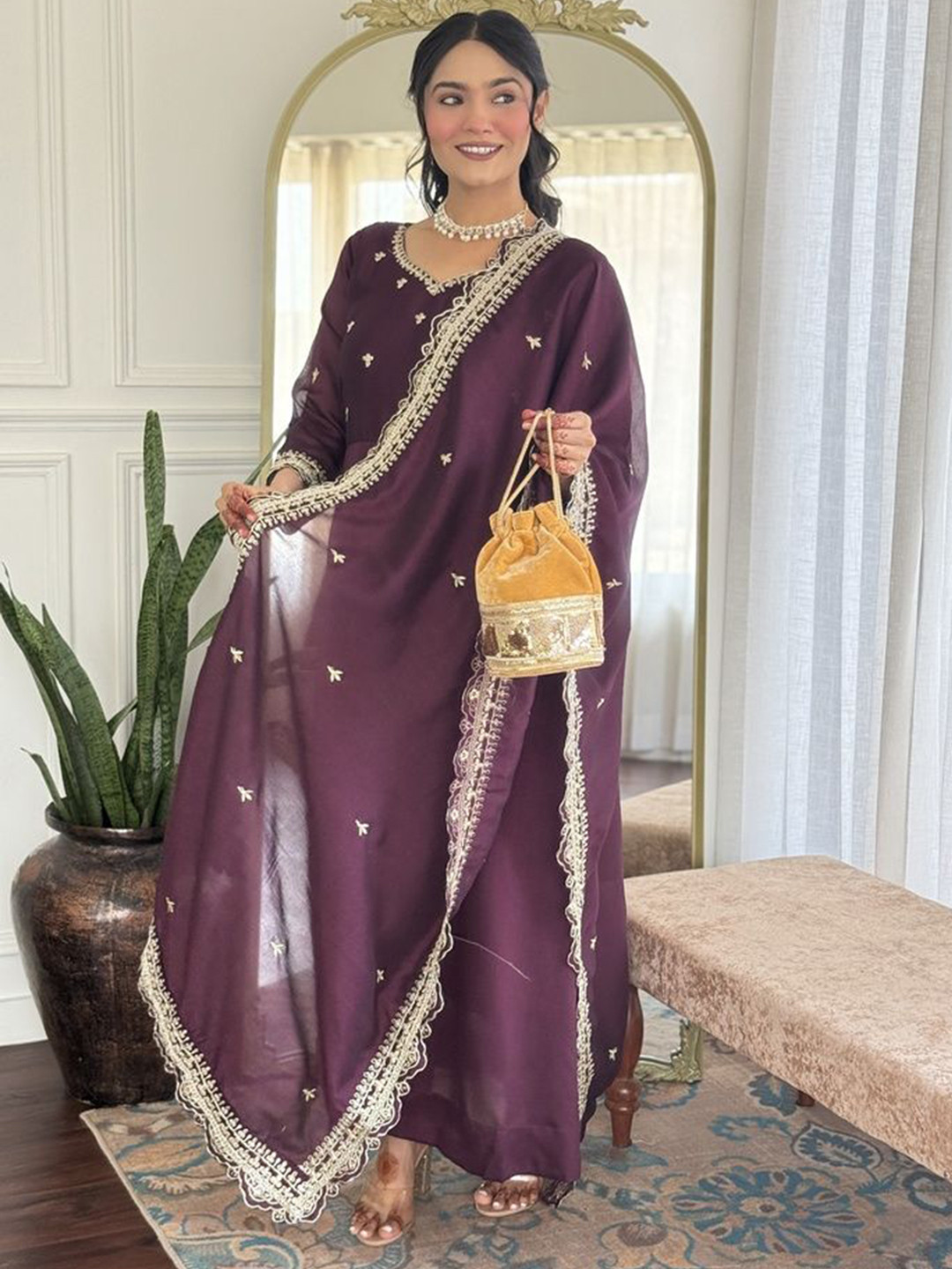 AG TEXTILE Floral Yoke Design V-Neck Chanderi Silk A-Line Kurta With Trousers & Dupatta