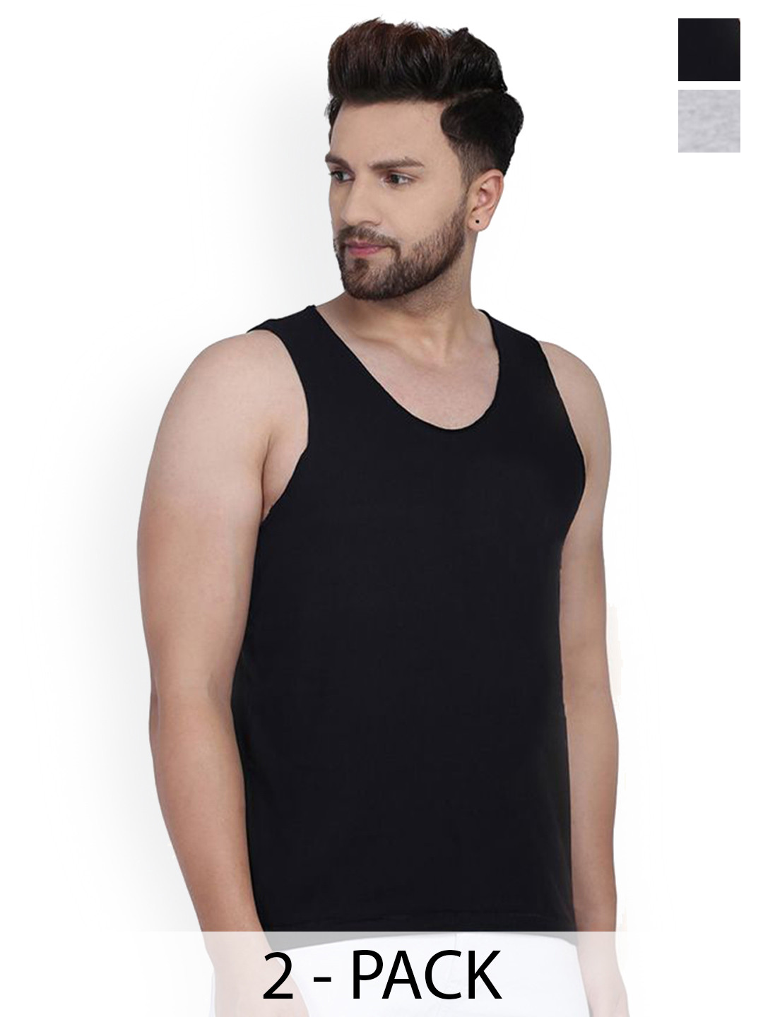 SLOWLORIS Pack Of 2 Printed Combed Cotton Gym Vests VSL26 CMB(PLAIN BLACK)(LOUD BLACKGREY)