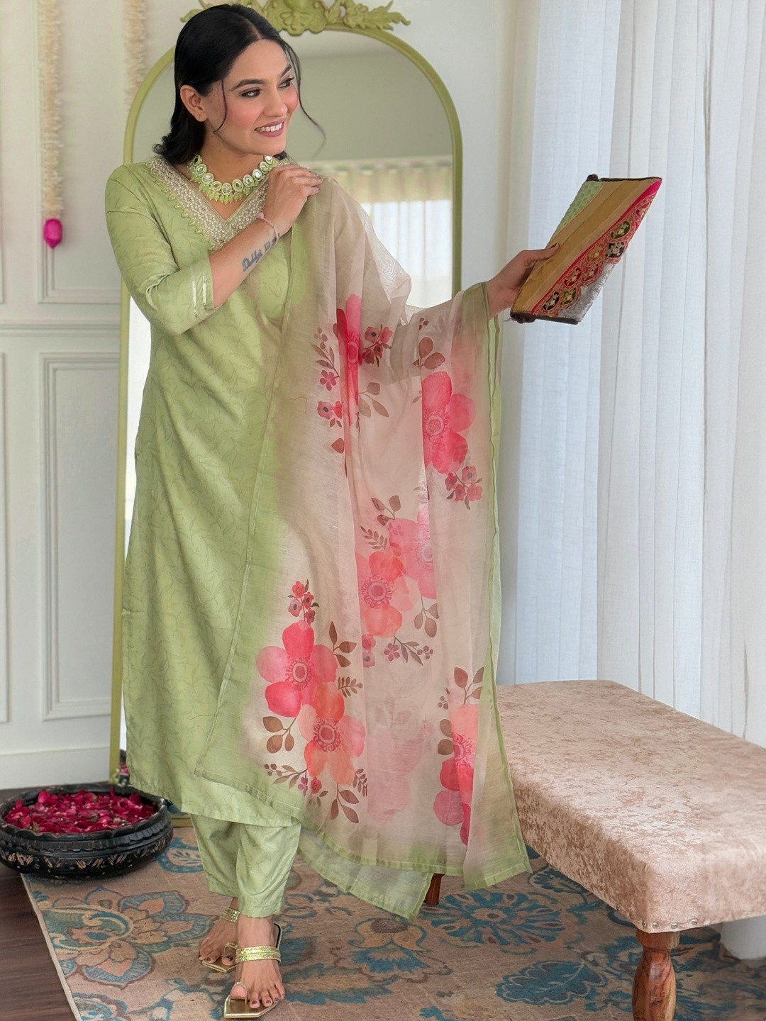 KALINI Adults-Women Olive Kurta Sets