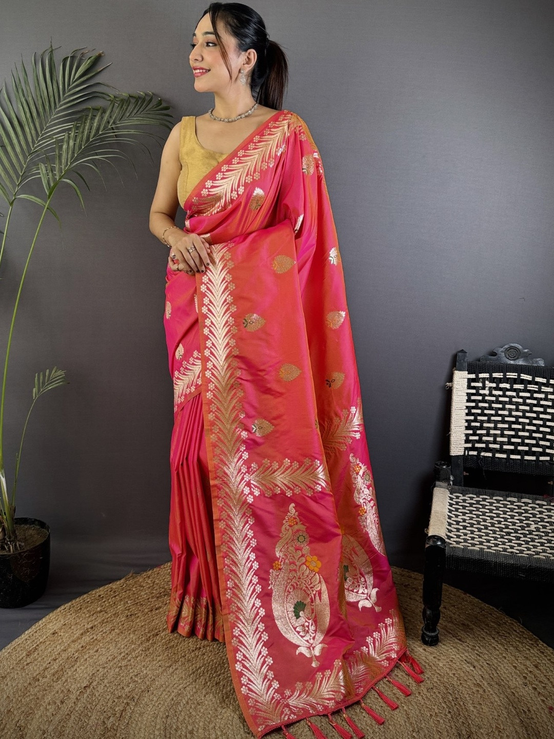 Peach Banarasi Silk Zari Meenakari Weaving Saree With Matching Blouse Piece