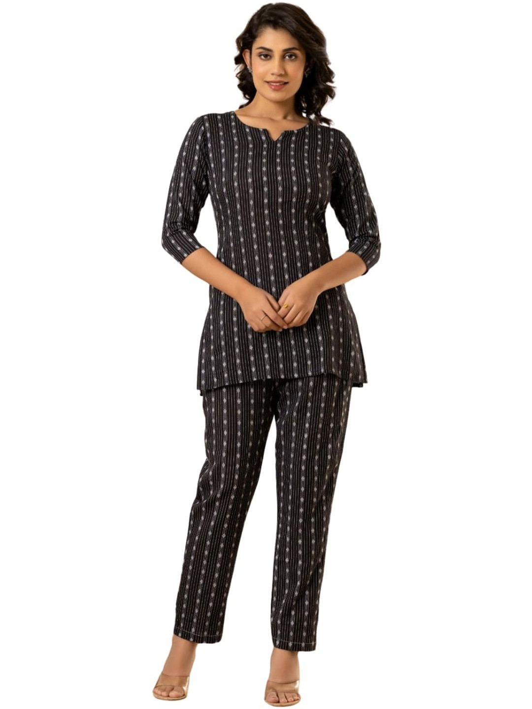 PUSHPRAJ FASHION Women's Katha Cotton Round Neck Half Sleeves Striped Pritned Regular Fit Kurta Set (Black -2XL)
