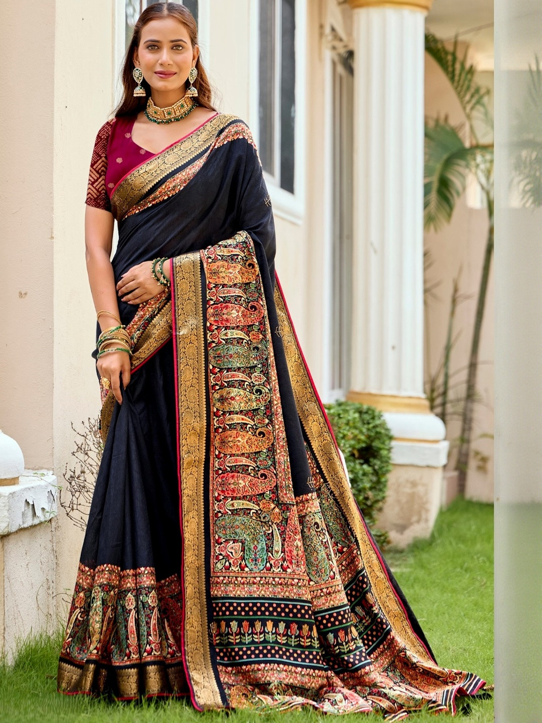 Navy Blue Soft Silk Siroski work Saree With Contrast Blouse Piece