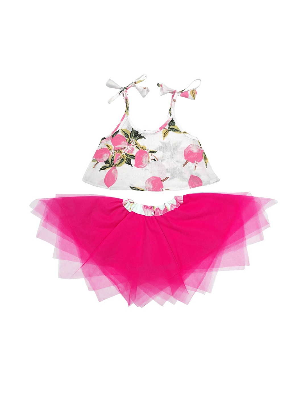 Charan Kanya Girls Floral Printed Crop Top With Square Net Skirt Set