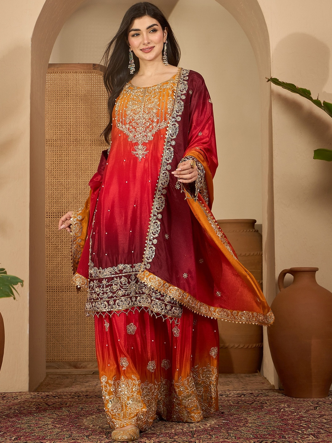 Multi Chinon Silk Embroidery Work Kurta With Sharara And Dupatta