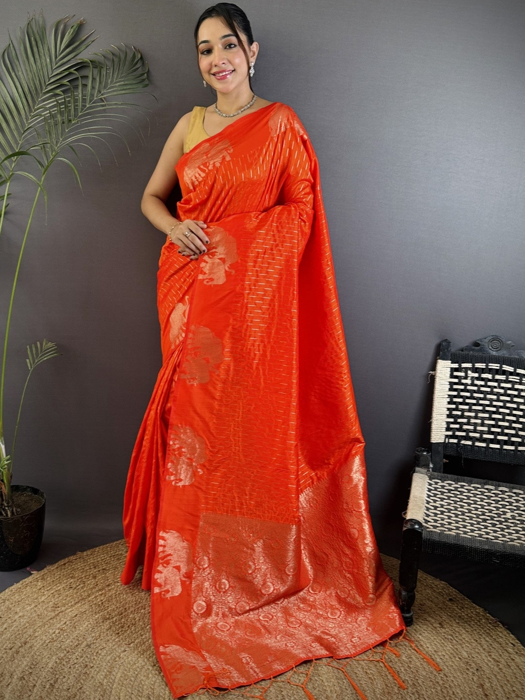 Orange Lichi Silk Two Tone Saree With Zari Weaving And Matching Blouse Piece
