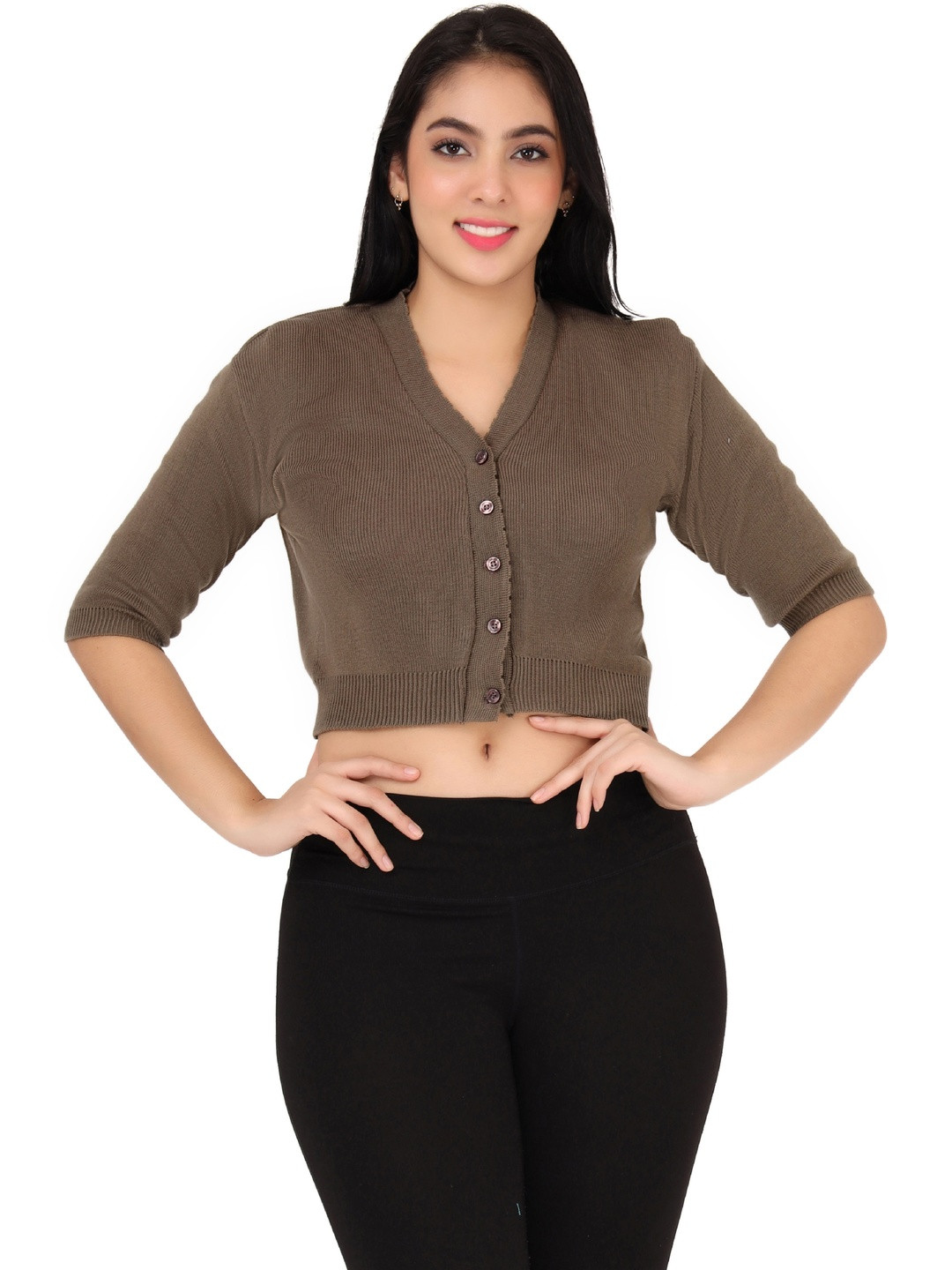 Women V-Neck Half Sleeves Regular Fit Woollen Blouse Top