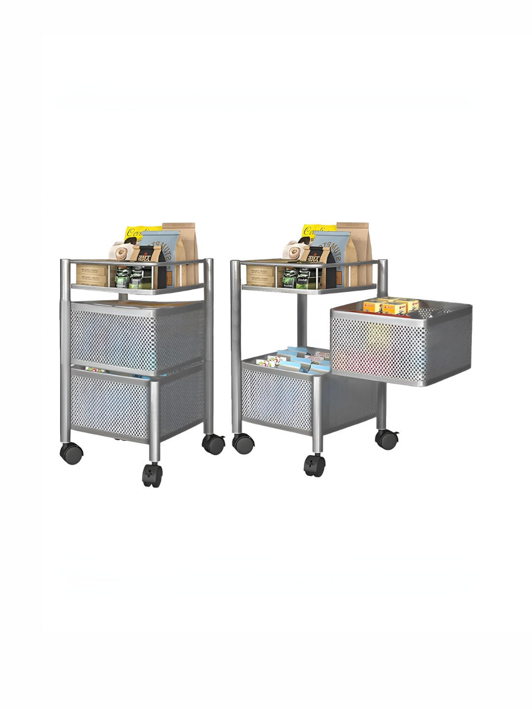 RUBOXA Silver-Toned Set of 2 Revolving 2-Tier Multipurpose Storage Rack & Wheel Organisers