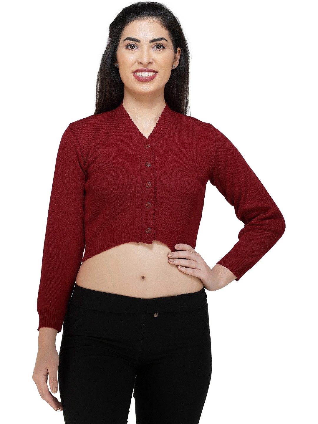 FEMULA Women Maroon V Neck Full Sleeves Regular Fit Woollen Winter Blouse Top